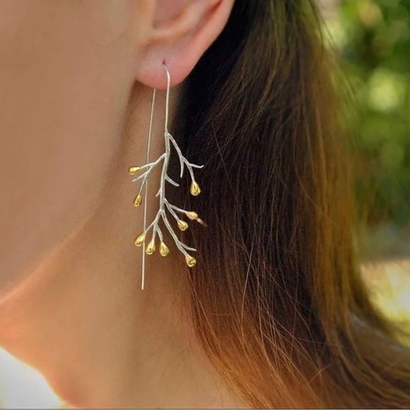 Vintage Silver Gold Color Metal Carving Branch Earrings - Picture 2 of 3